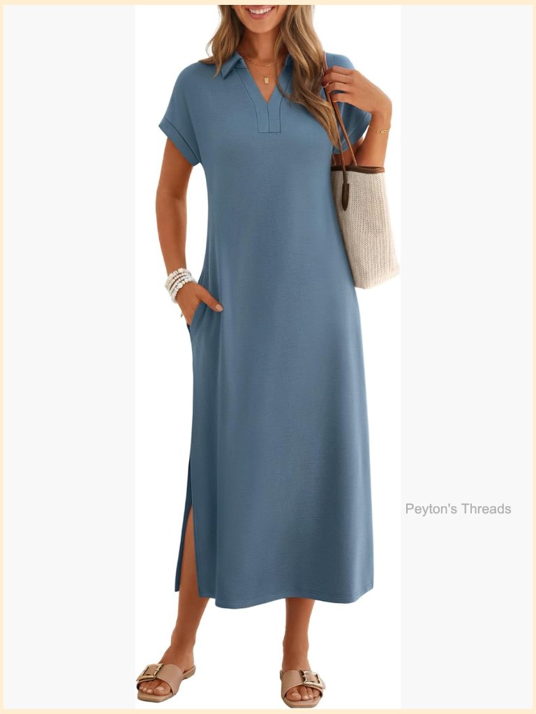 Cap Sleeve V-Neck Collared Maxi Dress With Pockets